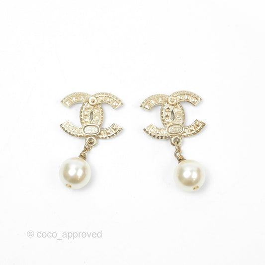 Chanel Crystal CC Pearl Drop Earrings Gold Tone 20V