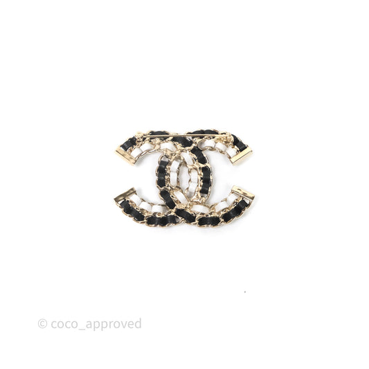 Chanel CC Braided Leather Black & White Brooch Gold Tone 22A