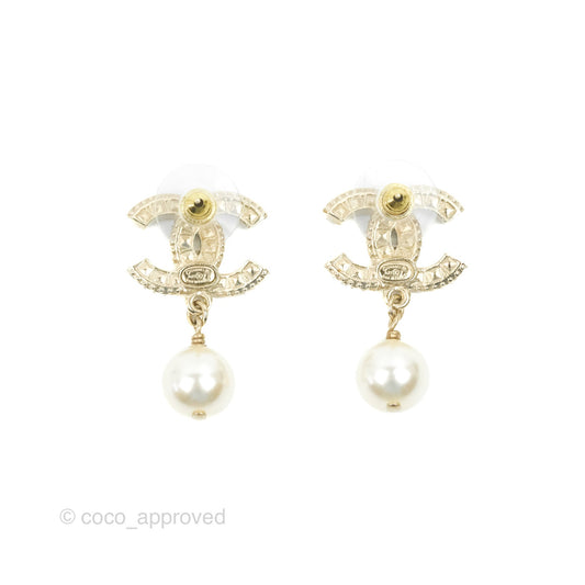 Chanel CC Rhinestone Pearl Drop Earrings Gold Tone