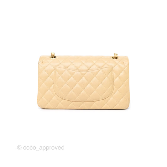 Chanel M/L Medium Classic Flap Quilted Beige Caviar Gold Hardware