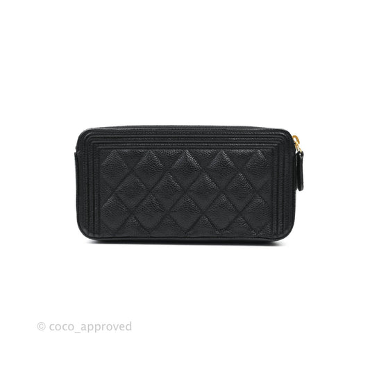 Chanel Le Boy Double Zip Wallet On Chain Caviar Black Aged Gold Hardware