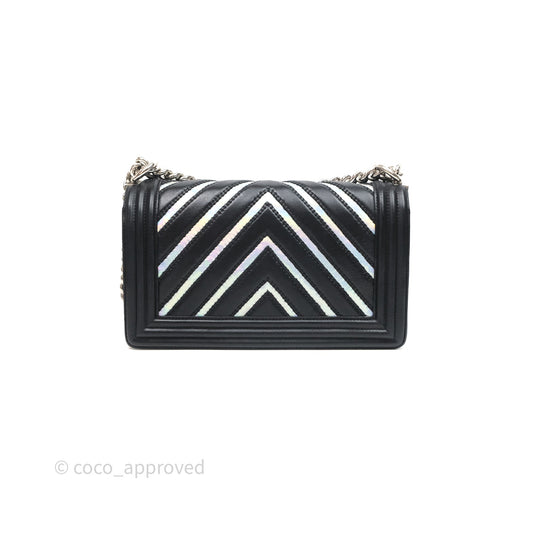 Chanel Medium Boy Chevron Iridescent PVC Lambskin Black Silver Hardware