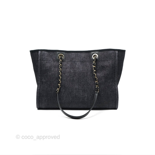 Chanel Medium Deauville Tote Black Dark Grey Raffia Woven Gold Hardware
