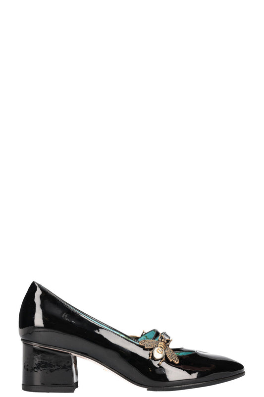 Luxury Gucci Trending 2025 Bee Mary Janes Heels Patent Black