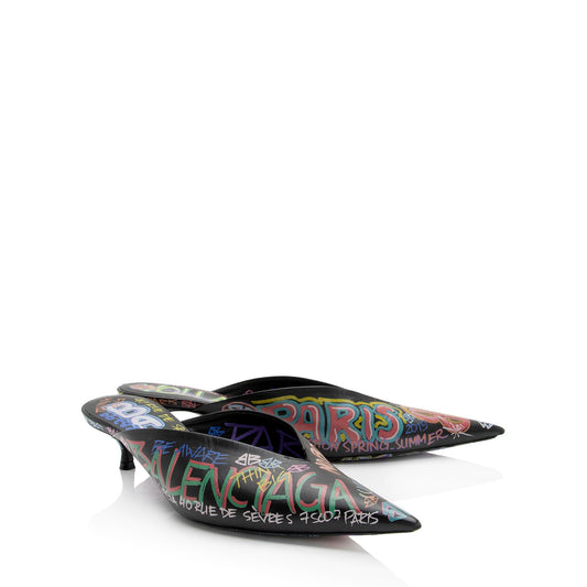 Luxury Balenciaga Leather Graffiti Knife Kitten Heel Mules - Size 8 / 38 (SHF-o5LLj3)