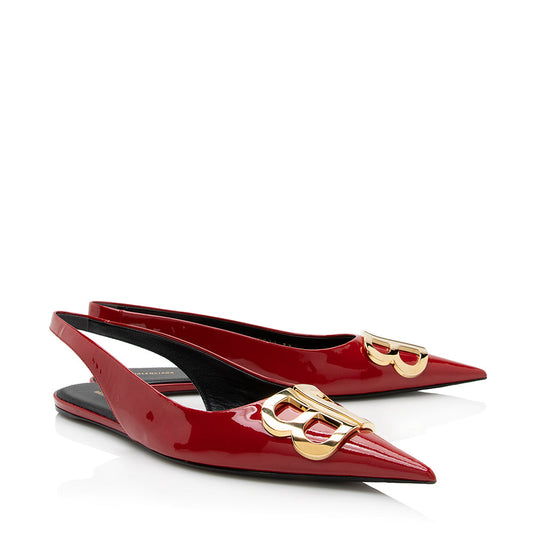 Luxury Balenciaga Patent Leather BB Knife Slingback Flats - Size 7 / 37 (SHF-22027)