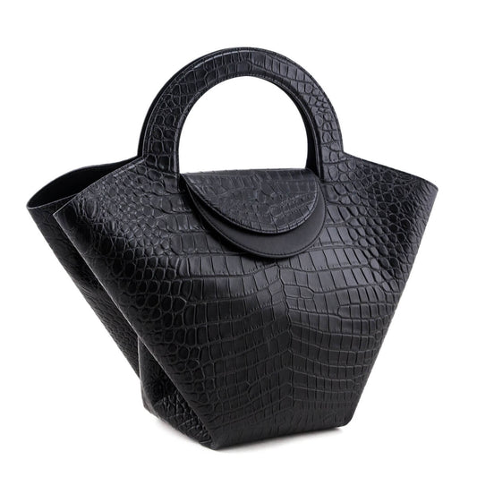 Luxury Bottega Veneta Black Calfskin Croc Embossed Medium Doll Tote