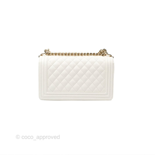 Chanel Medium Boy Quilted White Caviar Gold Hardware