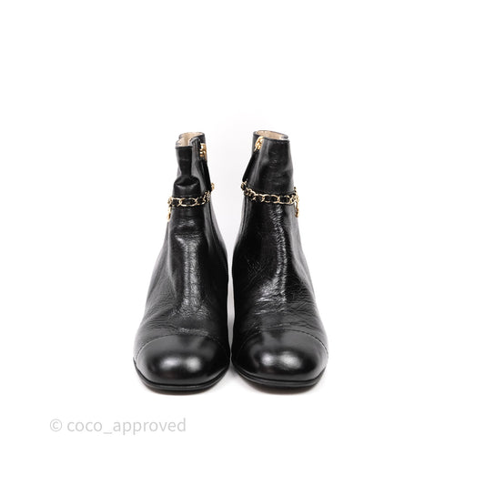 Chanel CC Black Leather Chain Ankle Boots Size 39