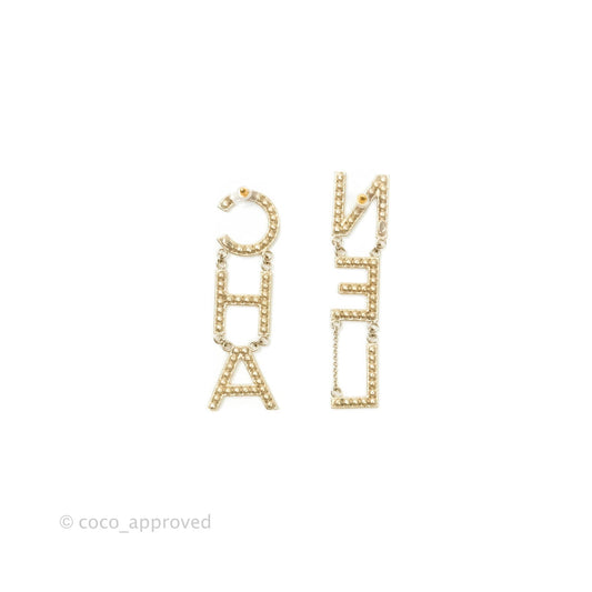 Chanel Crystal Cha-Nel Logo Drop Earrings Gold 19S