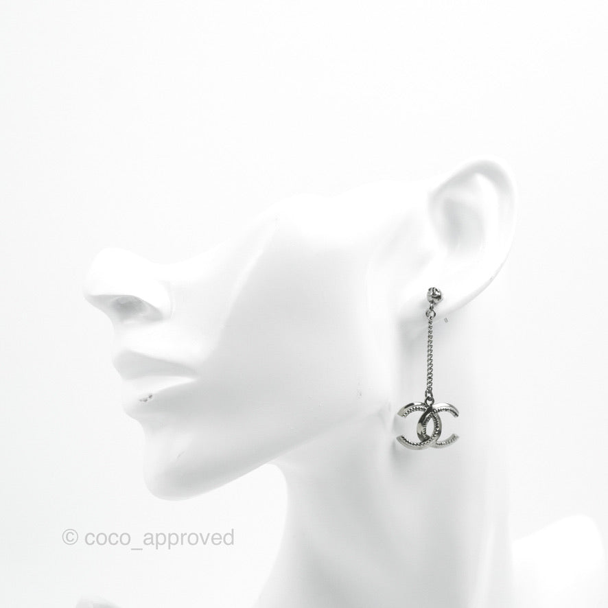 Chanel CC Long Drop Earrings Gun Metal 14A