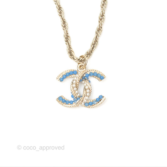 Chanel Pearl CC Necklace Blue Gold Tone 18P
