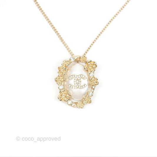 Chanel Oval Pearl CC Crystal Camellia Necklace Gold Tone 22C