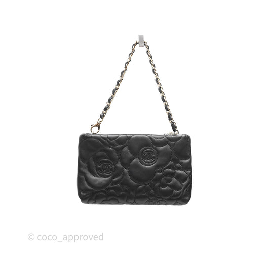 Chanel Camellia Pochette Clutch Black Lambskin Gold Hardware