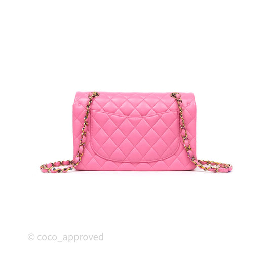 Chanel Small Classic Flap Quilted Pink Lambskin Rainbow Hardware