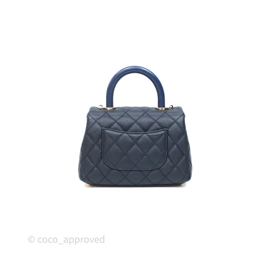 Chanel Mini Coco Handle Quilted Navy Caviar Gold Hardware Lizard Embossed Handle