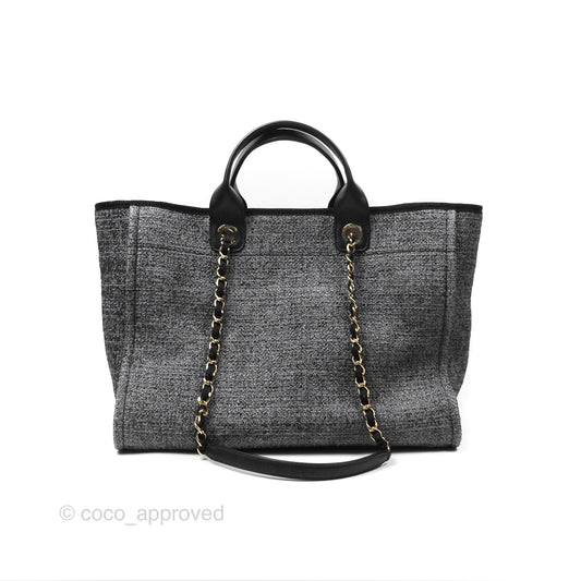 Chanel Large Deauville Glitter Black Grey Raffia Gold Hardware