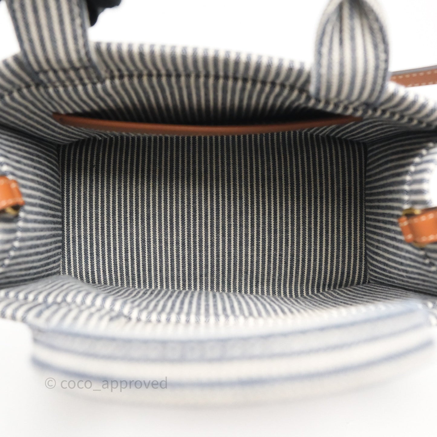 Celine Small Triomphe Cabas Thais Navy Blue Striped Canvas Tan Calfskin