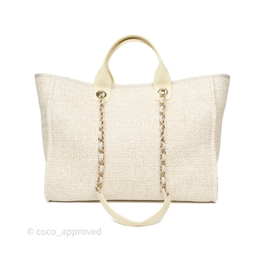 Chanel Large Deauville Ivory/Gold Canvas Gold Hardware