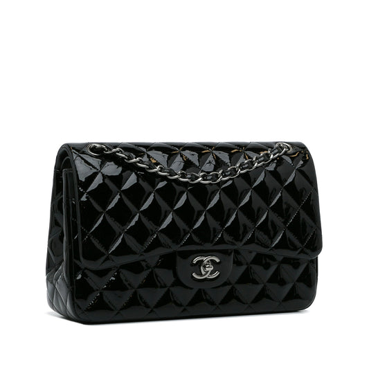 Luxury Chanel Classic Double Flap Jumbo Black Patent Leather Silver