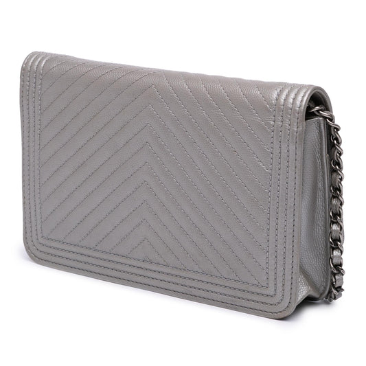 Chanel Chevron Metallic Caviar Boy Wallet On Chain