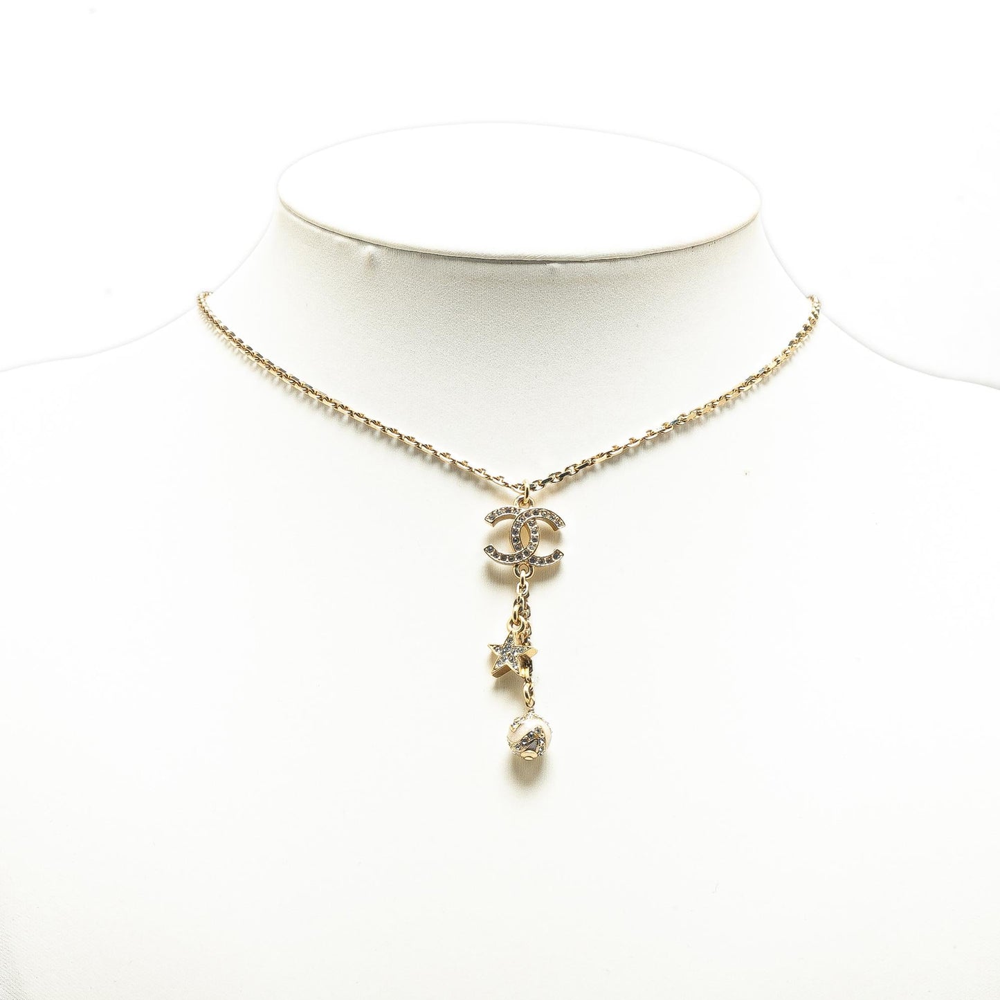 Chanel Gold Plated CC Rhinestones Star and Ball Pendant Necklace (SHG-RS0IWK)