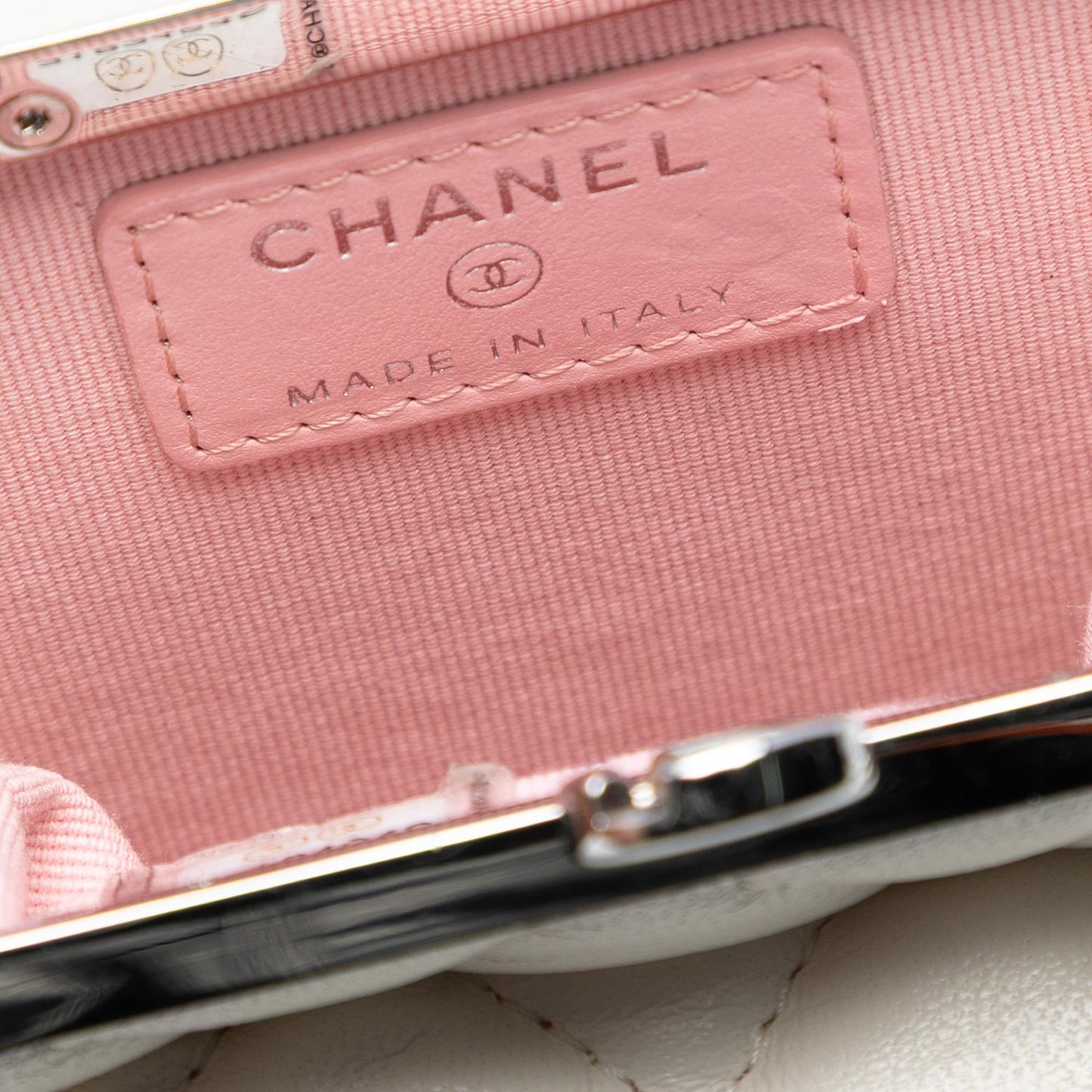 Chanel Lambskin and Acrylic Kiss Clutch with Chain