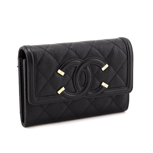Chanel Black Quilted Caviar Filigree Flap Wallet