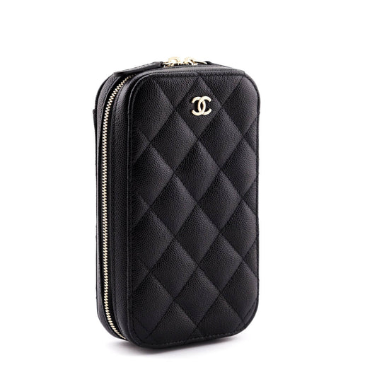 Chanel Black Quilted Caviar Zip Around Chain Phone Case
