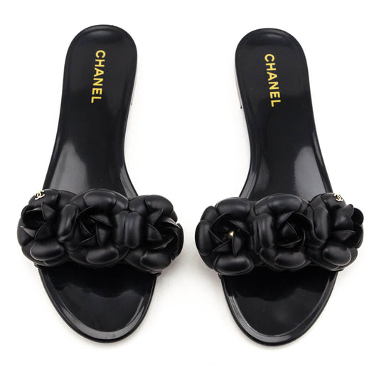 Chanel Black Rubber Camellia Slide Sandals Size US 10 | EU 40