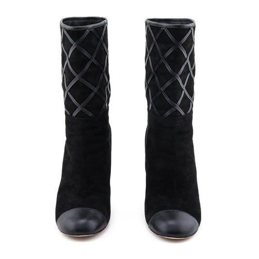 Chanel Black Suede & Leather Diamond Stitch Mid-Calf CC Boots Size US 8.5 | EU 38.5