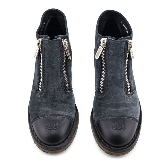 Chanel Gray Suede & Leather CC Cap Toe Ankle Boots Size US 9.5 | EU 39.5
