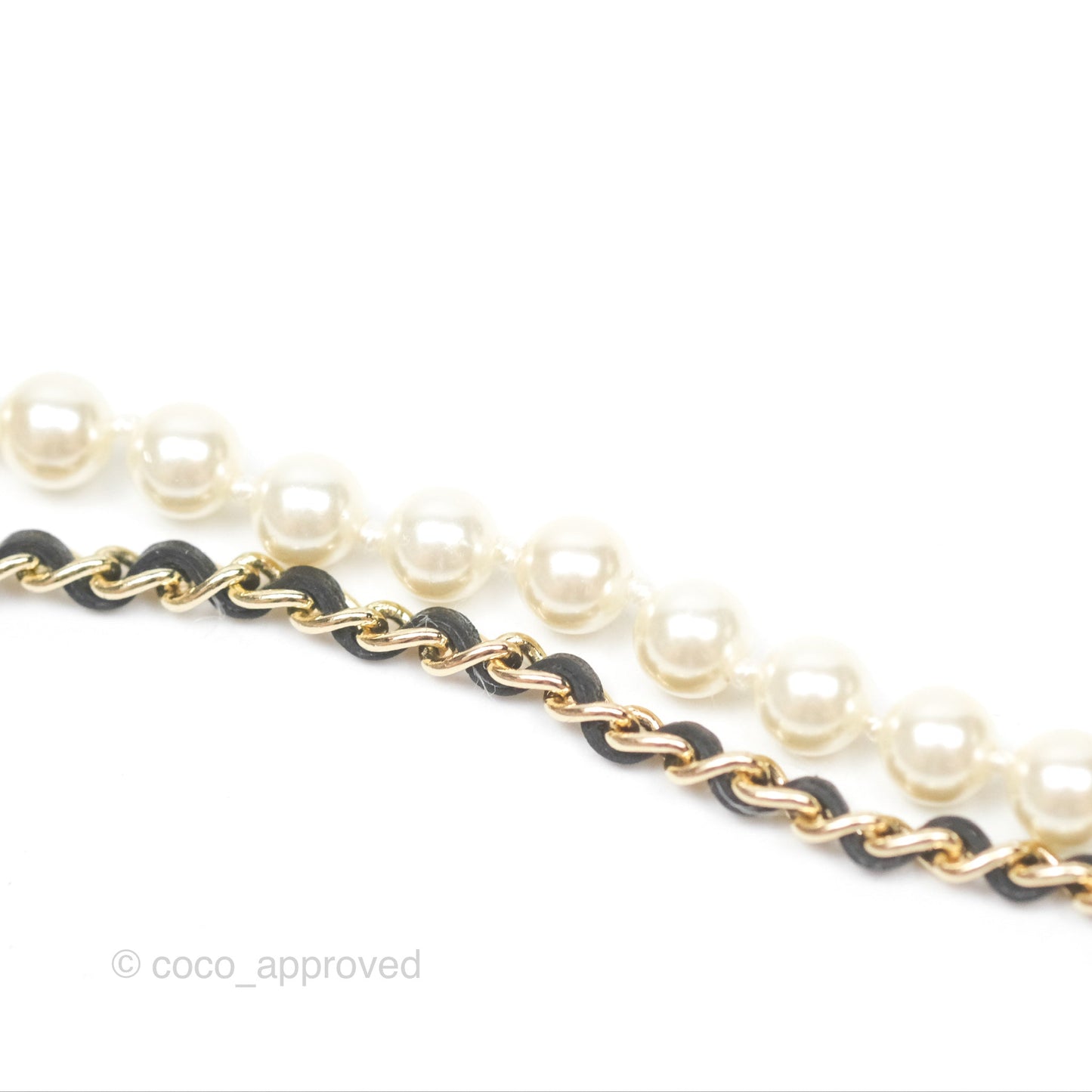 Chanel Flap Bag Charm Pearl Chain Black Leather Long Necklace Gold Tone 21S