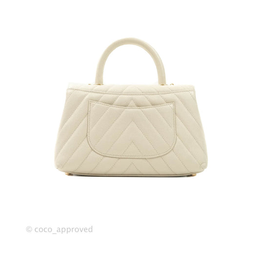 Chanel Mini Coco Handle Chevron Stone White Caviar Aged Gold Hardware