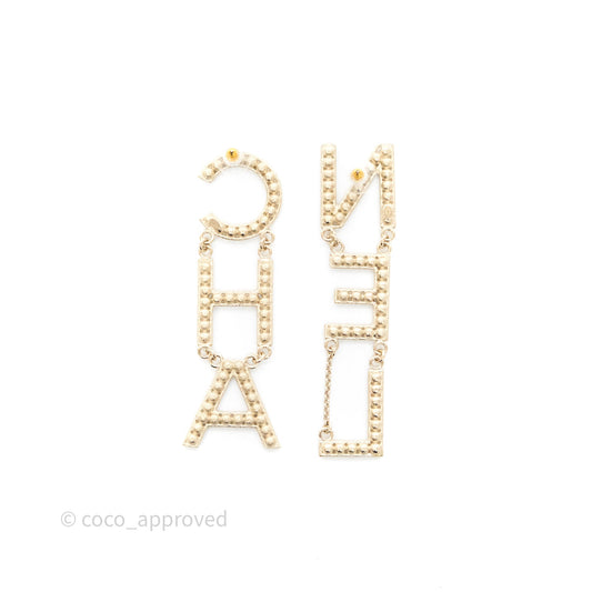 Chanel Crystal Cha-Nel Logo Drop Earrings Gold Tone 20V