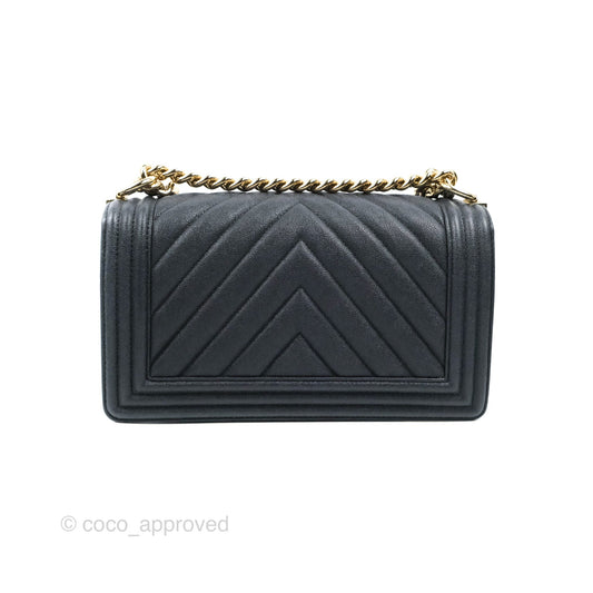 Chanel Chevron Medium Boy Dark Navy Caviar Gold Hardware