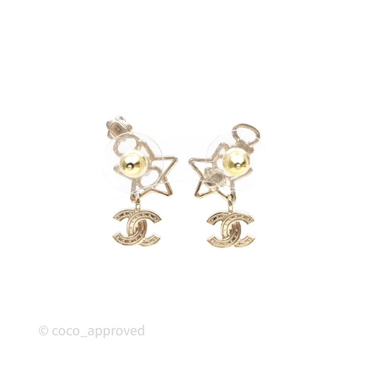 Chanel Crystal Drop CC Star Earrings Gold Tone 25P