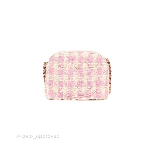 Chanel Mini Pouch On Chain White Pink Houndstooth Tweed Gold Hardware