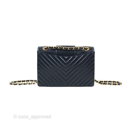 Chanel Mini Collar and Tie Flap Bag Chevron Navy Sheepskin Aged Gold Hardware