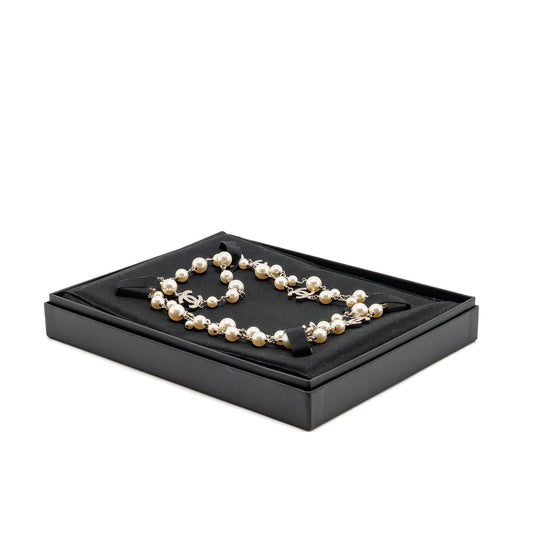 Chanel Pearl and CC Logo with Crystal Long Necklace Silver Tone