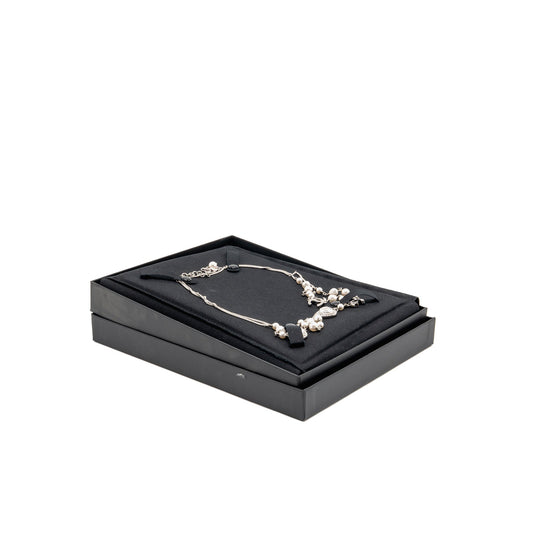 Chanel Crystal Heart Shape/Pearl Long Necklace Silver Tone