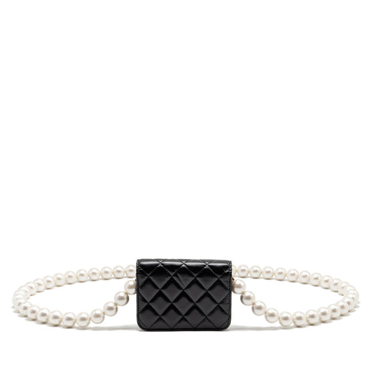 CHANEL Card Holder with Maxi Pearls Chain Lambskin Black LGHW