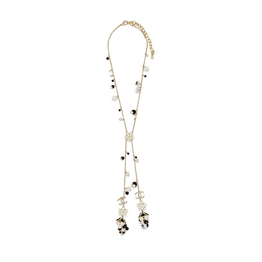 Chanel CC Camellia Grape Long Necklace Pearl/Crystal/Black Beads Light Gold Tone