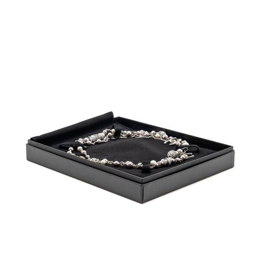 Chanel Crystal/Pearl CC Logo Long Necklace Silver Tone