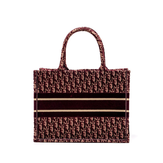 Dior Medium Book Tote Oblique Embroidery Velvet/ Canvas Dark Red