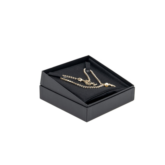 Chanel Pearl and CC logo with crystal chain necklace light gold tone