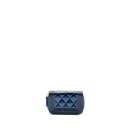 Chanel Boy Zip Card Holder/Coin Purse Lambskin Metallic Blue GHW