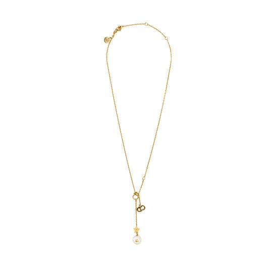 Dior CD Star and Pearl Drop Necklace Crystal Gold Tone