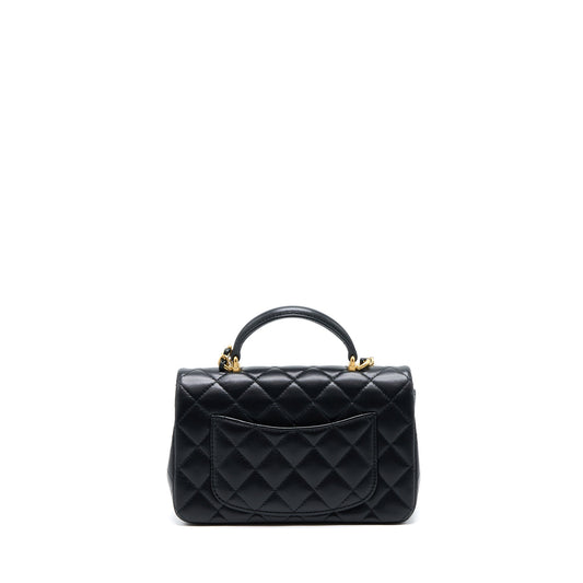 Chanel 21K Top Handle Mini Rectangular Flap Bag Lambskin Black Brushed GHW(Microchip)