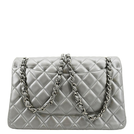 Luxury Chanel Jumbo Flap Quilted Leather Shoulder Bag Metallic Silver